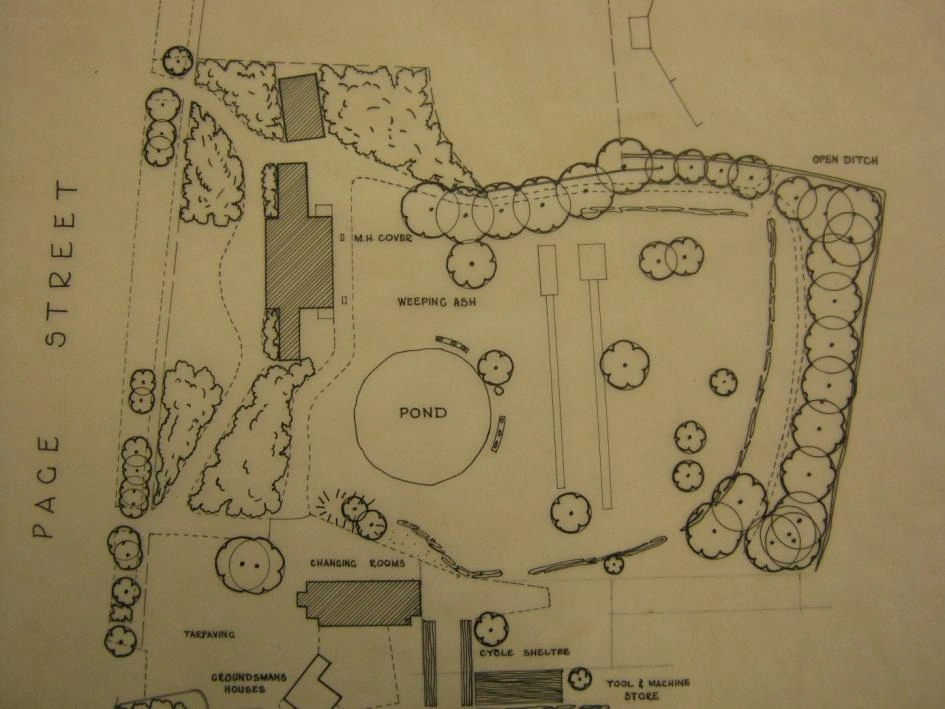 1964 garden survey plan showing cricket practice wickets and retained tree belts